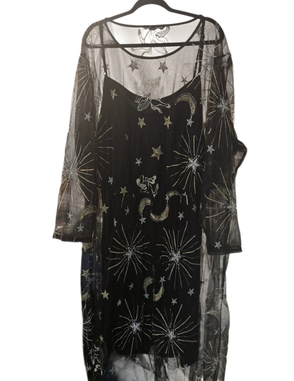 Celestial Flowy Black Dress Fairy Whimsey Sheer 2 Layers Cosmic Starry Size 30